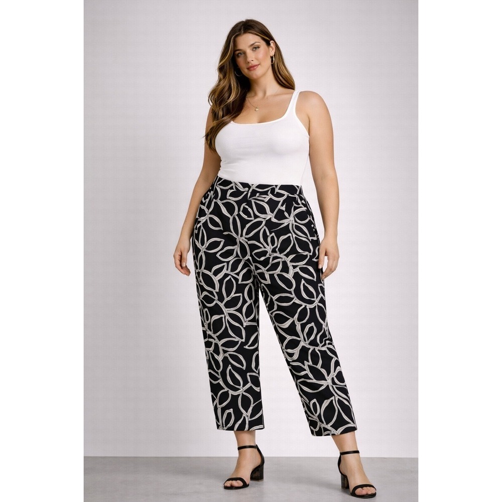 Villager Liz Claiborne Company Black White Print Linen Blend Ankle Pant 16 NWT